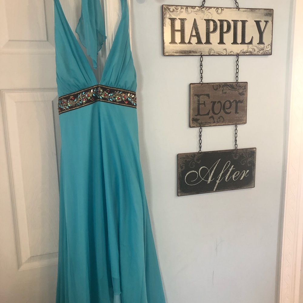 Turquoise Halter Dress,SzL A Line w/ Beaded Waist